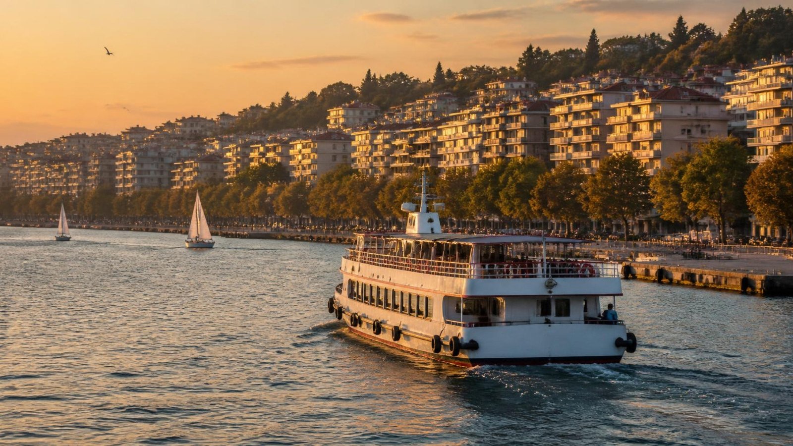 A passenger ferry approaching a seaside pier at golden hour, with apartment blocks climbing the hillside behind the shore