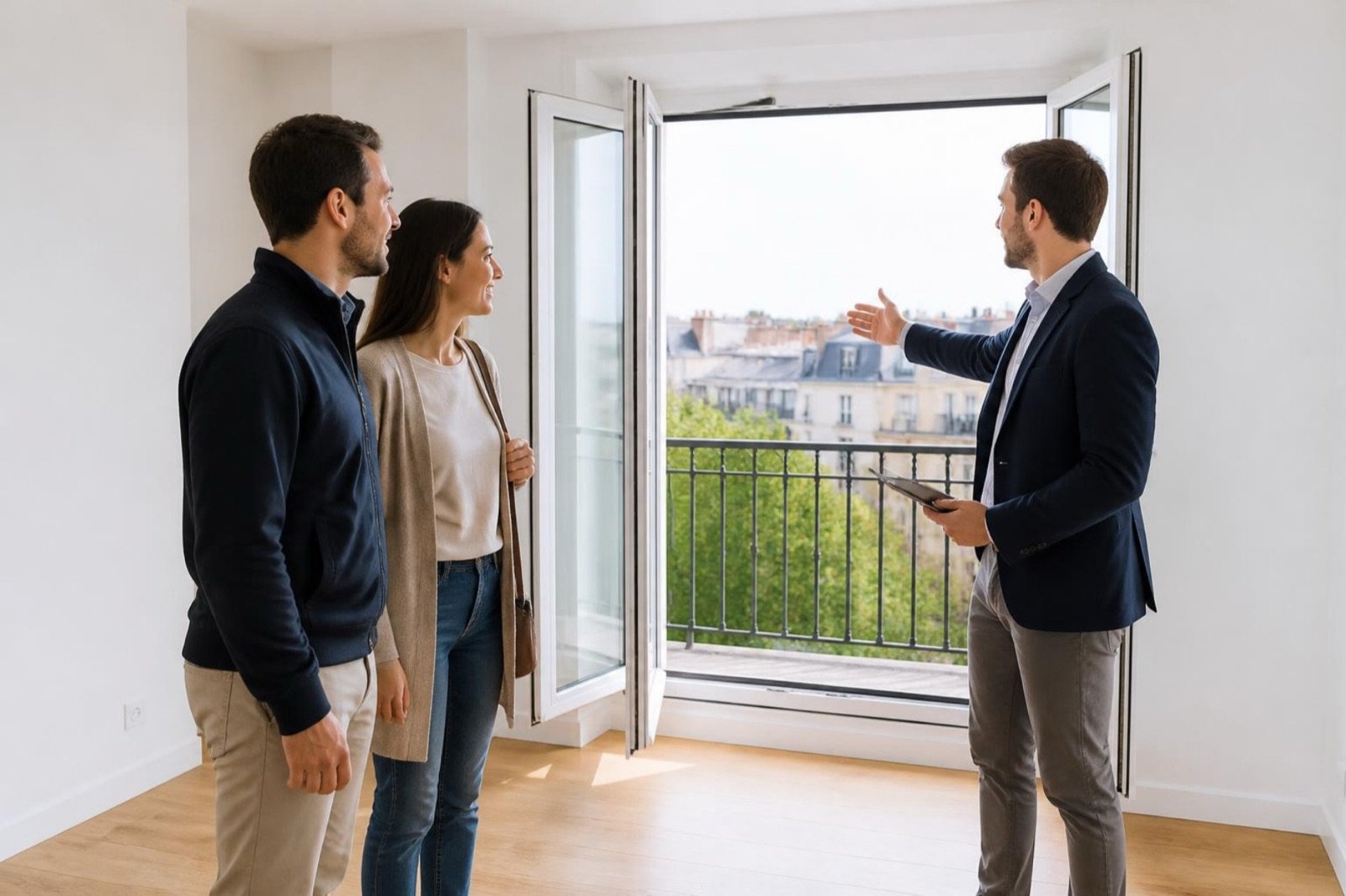 An estate agent showing a couple around a bright empty apartment, pointing towards the balcony doors